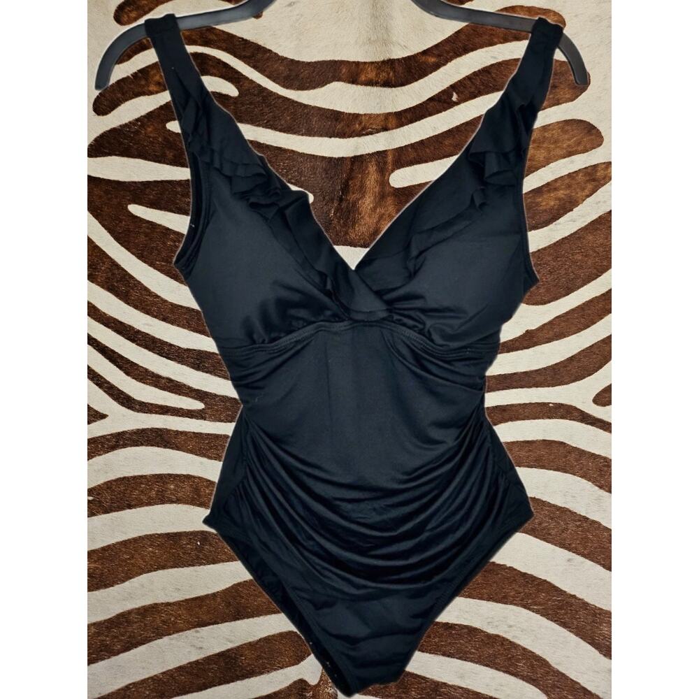 Lauren Ralph Lauren Ruffle Underwire One Piece Swimsuit 10 M Black Beach Swim - Picture 3 of 5